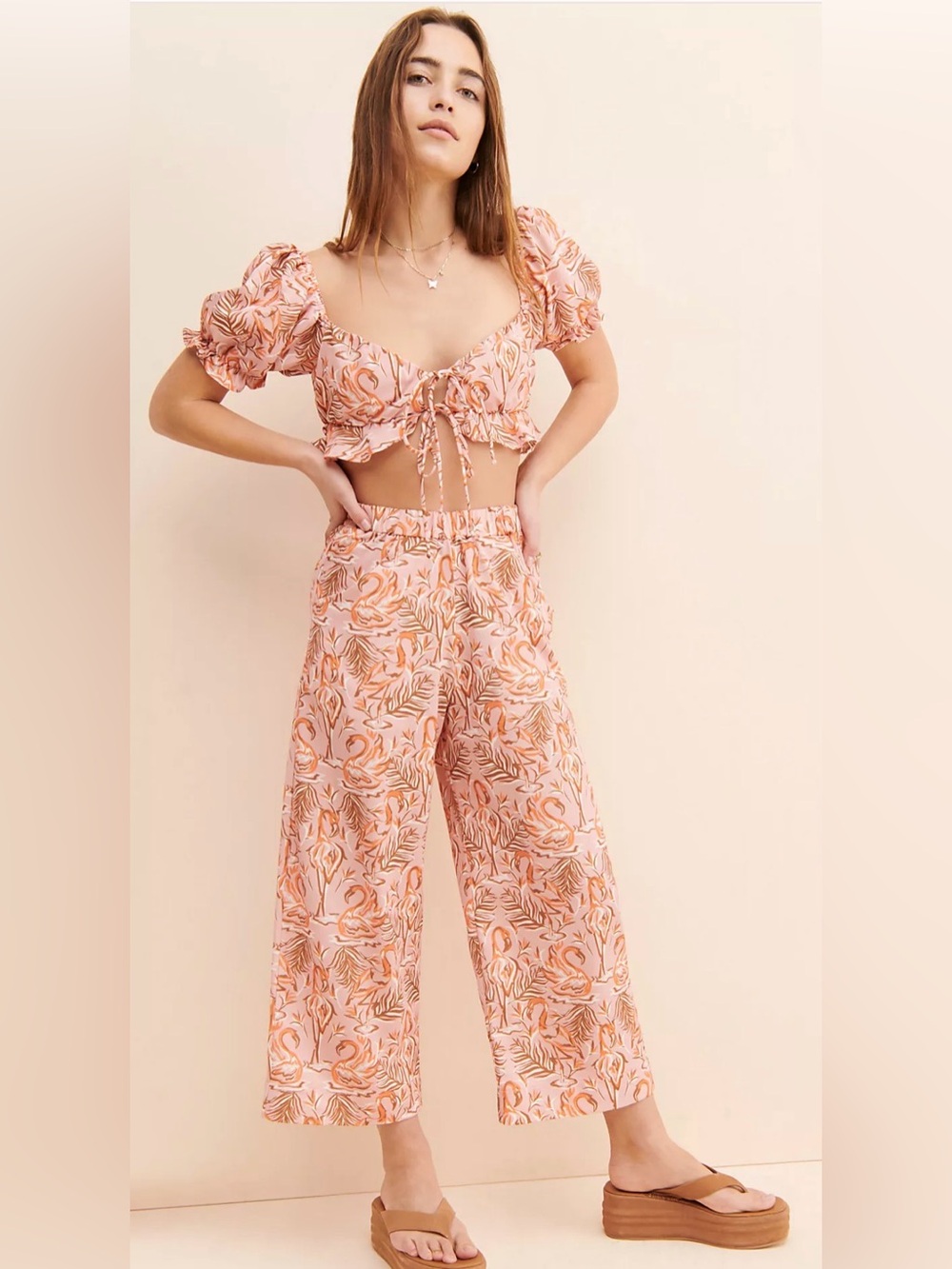 Dazey La Breezy Abstract Flamingo Set Crop Top Pants Size S Boho Usa